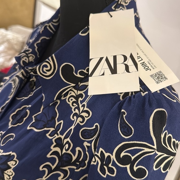 NWT ZARA PRINTED MIDI SHIRT DRESS NAVY BLUE FLORAL DRESS M - Picture 5 of 6